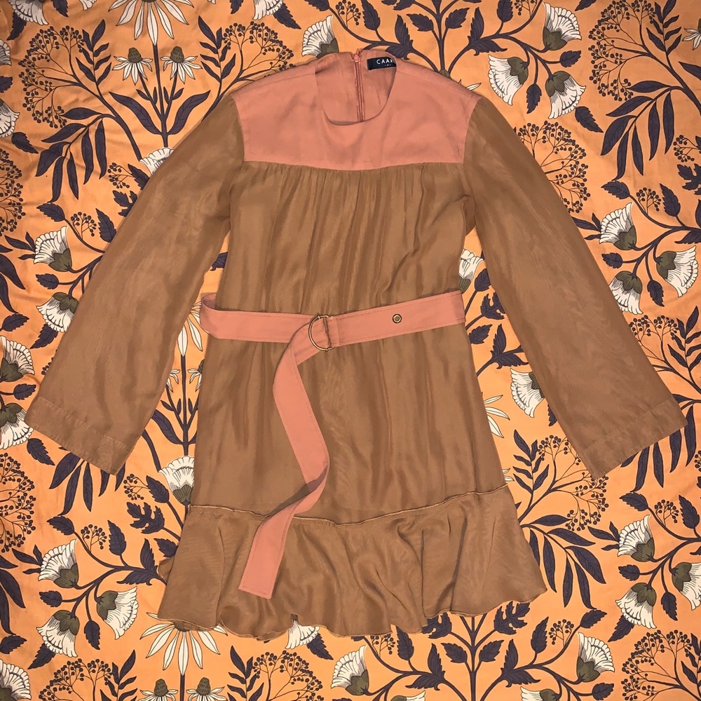 Caara Muted Orange Ruffle Hem Belted Dress Size M